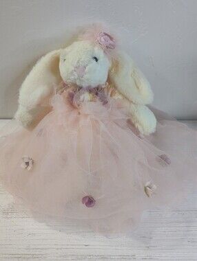 Soft PLUSH Floppy BUNNY RABBIT w FLOWER Pink  DRESS Doll 11"  DELTON